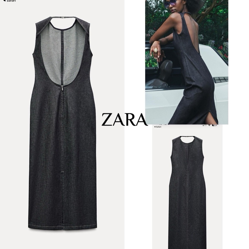 ZARA Sleeveless Backless Denim Midi Dress Dark Wash Back Zip‎ Slit Size Small - Picture 4 of 9